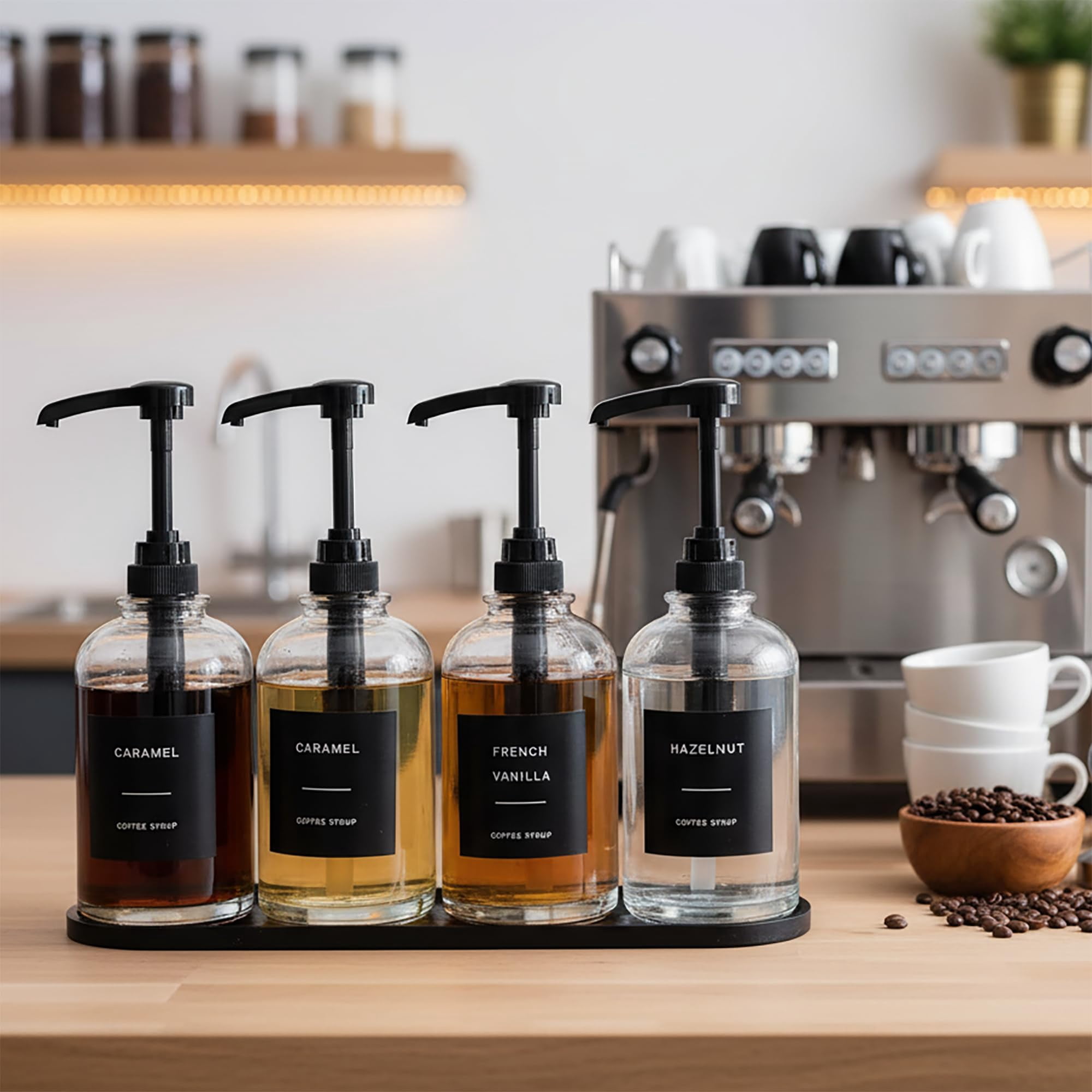 Coffee Syrup Dispenser For Bar  Glass Bottle With 1/4 Oz Large Capacity Pump Station Black Tray 16.9oz Set Of 4