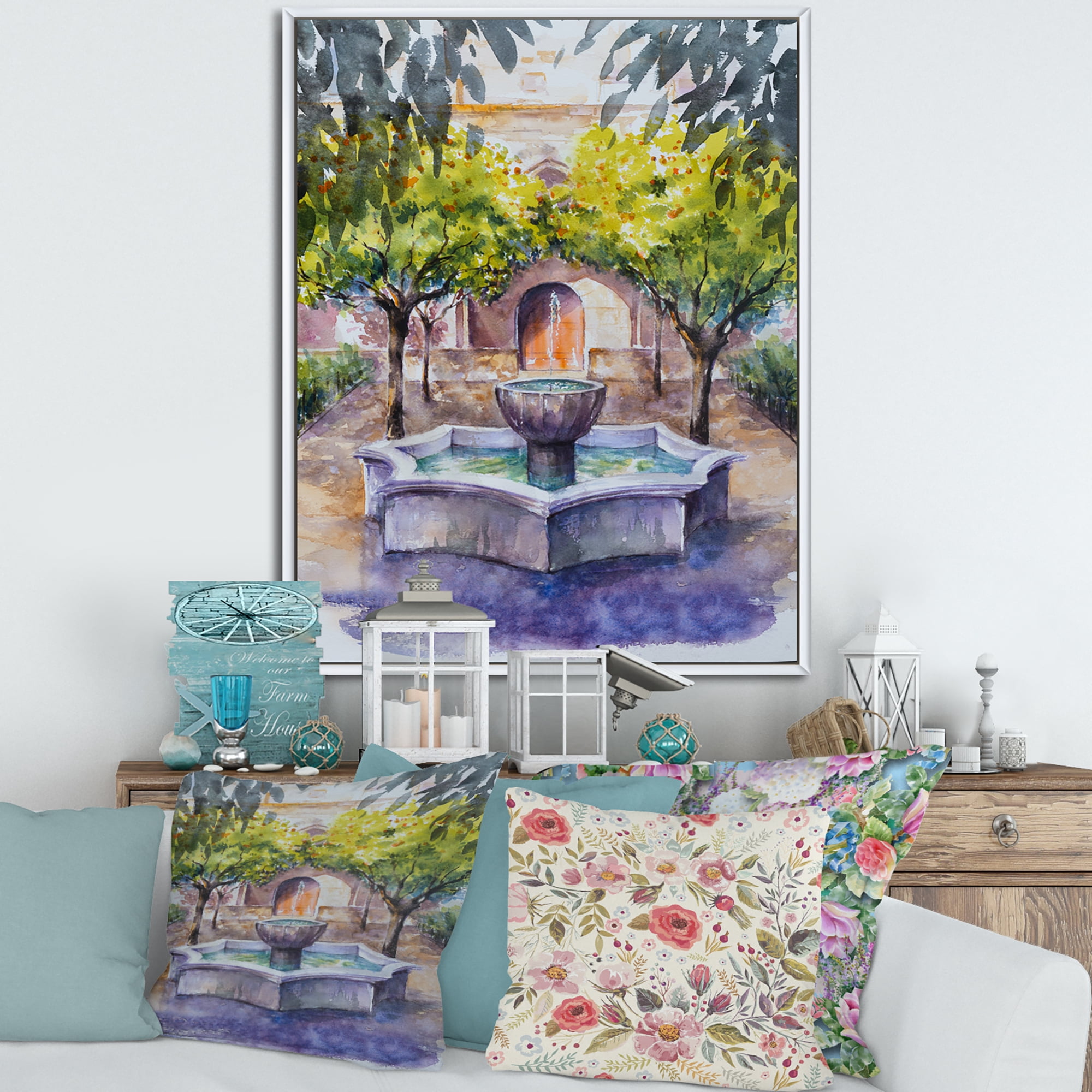 Designart 'Small Fountain With Trees In The Village House' Country Framed Canvas Wall Art Print