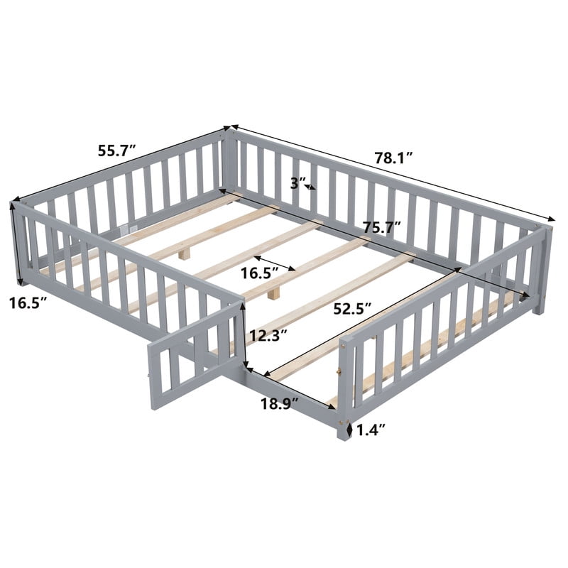 Mirightone Full Size Floor Bed with Guardrails and Door, Low-Profile Full Montessori Bed with Support Slats, Grey