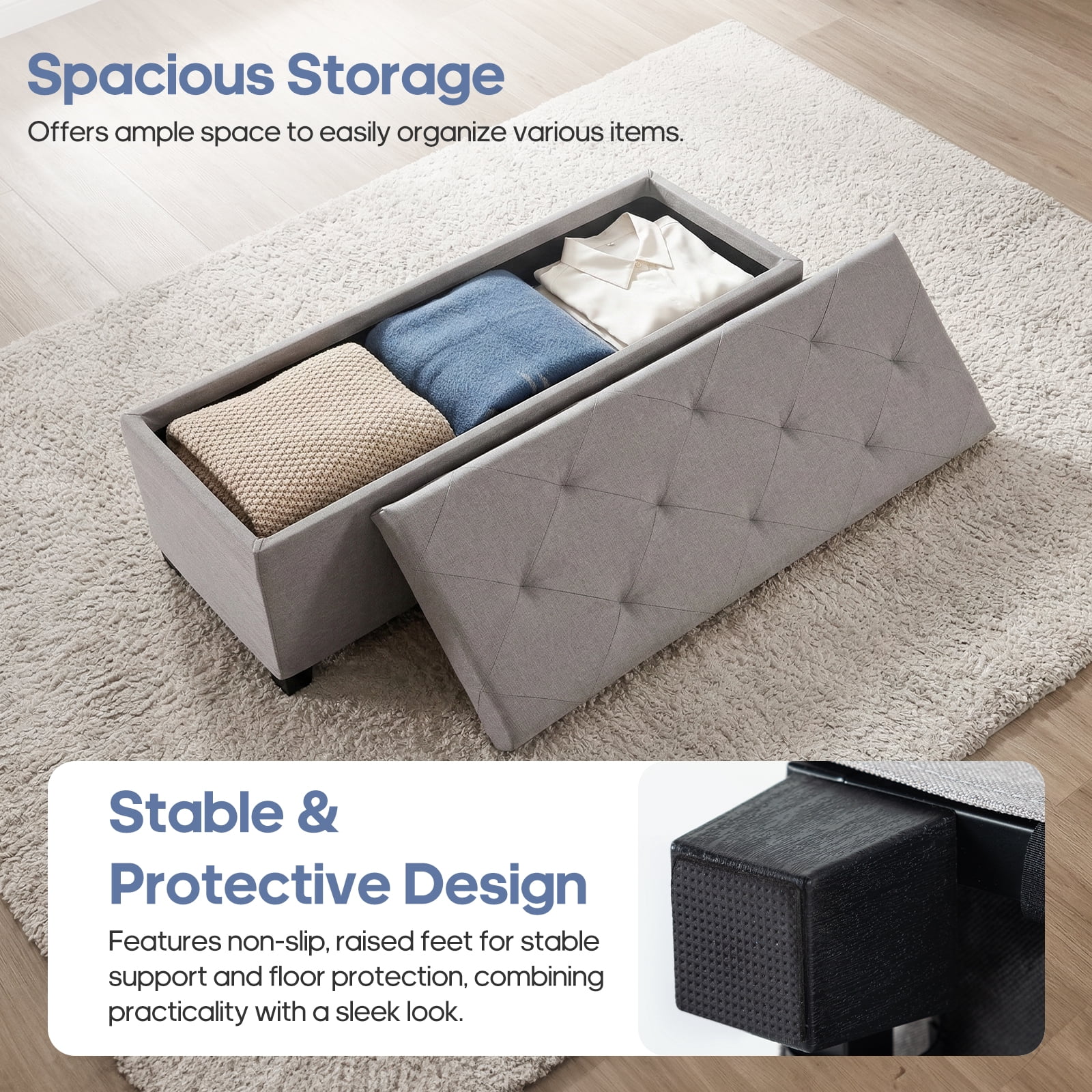 EDX 43 lnch Storage Ottoman Bench with Removable Cover, Upholstered Bed Bench for Living Room, Bedroom