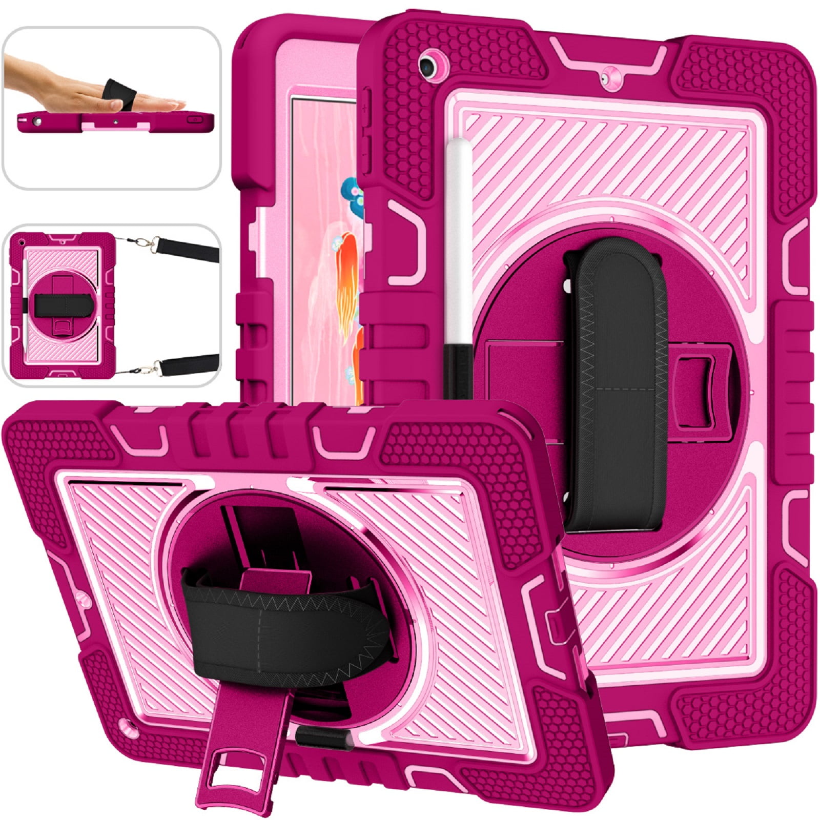 ELEHOLD Rugged Case For Apple iPad 11th(A16) 2025 Three-Layer Hybrid Muti-Functional Case with 360° Rotating Kickstand Pencil Holder Handstrap Shoulder Strap Shockproof Case ,D