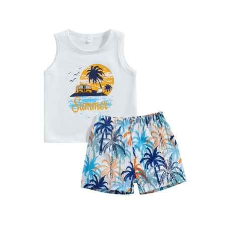

Qtinghua 2Pcs Toddler Baby Boy Summer Clothes Letter Print Sleeveless Tank Tops Palm Print Shorts Set White 2-3 Years