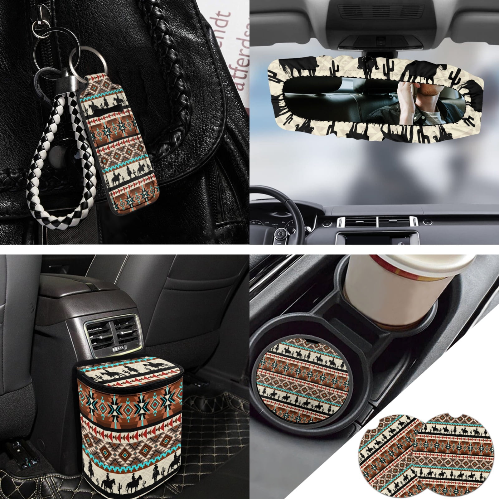 Jeiento Aztec Western Horse Car Seat Covers Set of 13 Car Seat Belt Pad Cover Steering Wheel Cover Car Trash Can Rear View Mirror Cover Car Cup Coasters Keychains Chapstick Holder Universal Fit