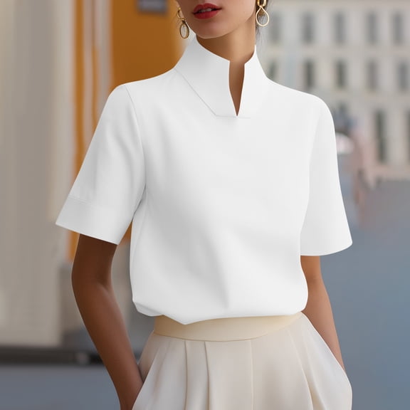 Yrmaups Loose Fit Short Sleeve Blouse for Women Plus Size, Elegant High Neck Top, Soft Stretch Tee for Business Work Office Daily Wear, White 3XL