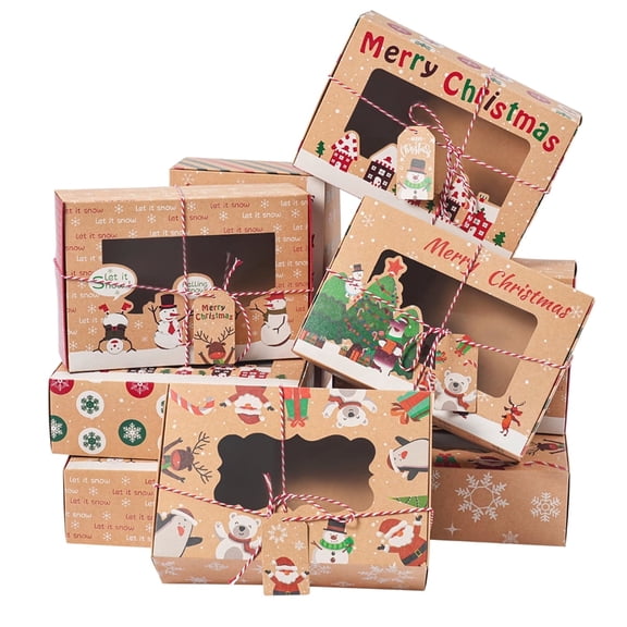 BOLIANNE 12Pcs Christmas Cookie Boxes with Window for Gift Giving,9x6x3in Kraft Bakery Gift Wrapping Boxes with Cards and Jute Rope, Xmas Holiday Treat Boxes for Cookies, Brownies, Donuts