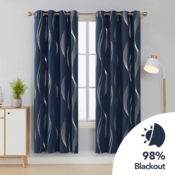 ZOPZO Grommet Wave Line Foil Printed Thermal Insulated Blackout Curtains for Children 2 Panels 52x84 inch Navy Blue