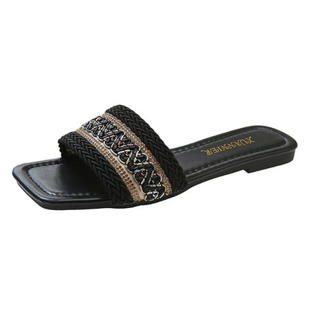 

Cathalem Women Sandals Fashion Pattern Square Heel Low Heel Comfortable Square Toe Open Toe Indoor And Outdoor Slippers Black 39