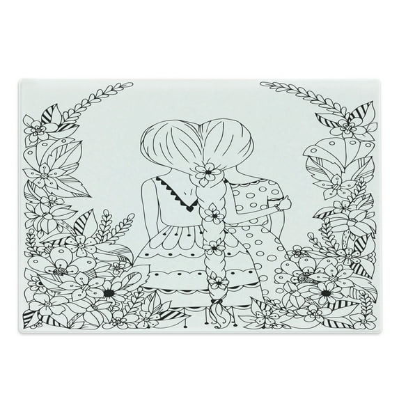 Hipster Cutting Board, Girlfriends with Conjoined Ponytails Hugging Friendship Coloring Book Style Design, Decorative Tempered Glass Cutting and Serving Board, Large Size, Black White, by Ambesonne
