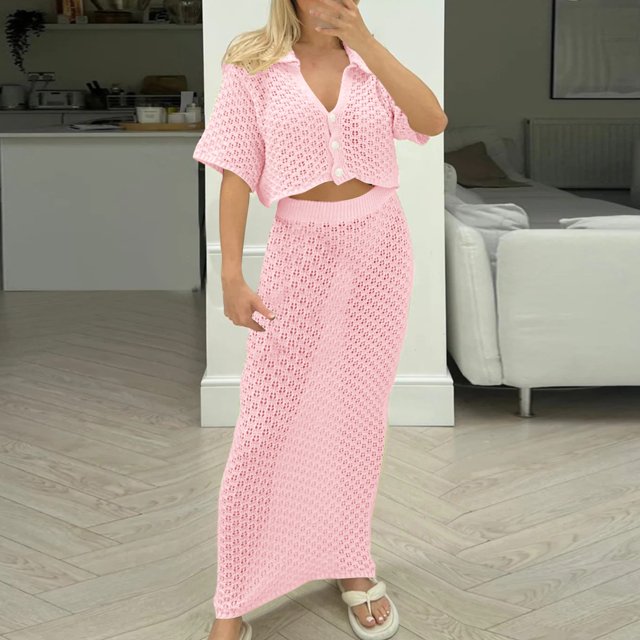 Gspmoly Robes Décontractées pour Femmes, Ensemble Jupe Tricotée à Crochet et Fleurs Cardigan Multicolore Jupe à Boucle Ensemble Assorti Robe de Cocktail Articles en Liquidation
