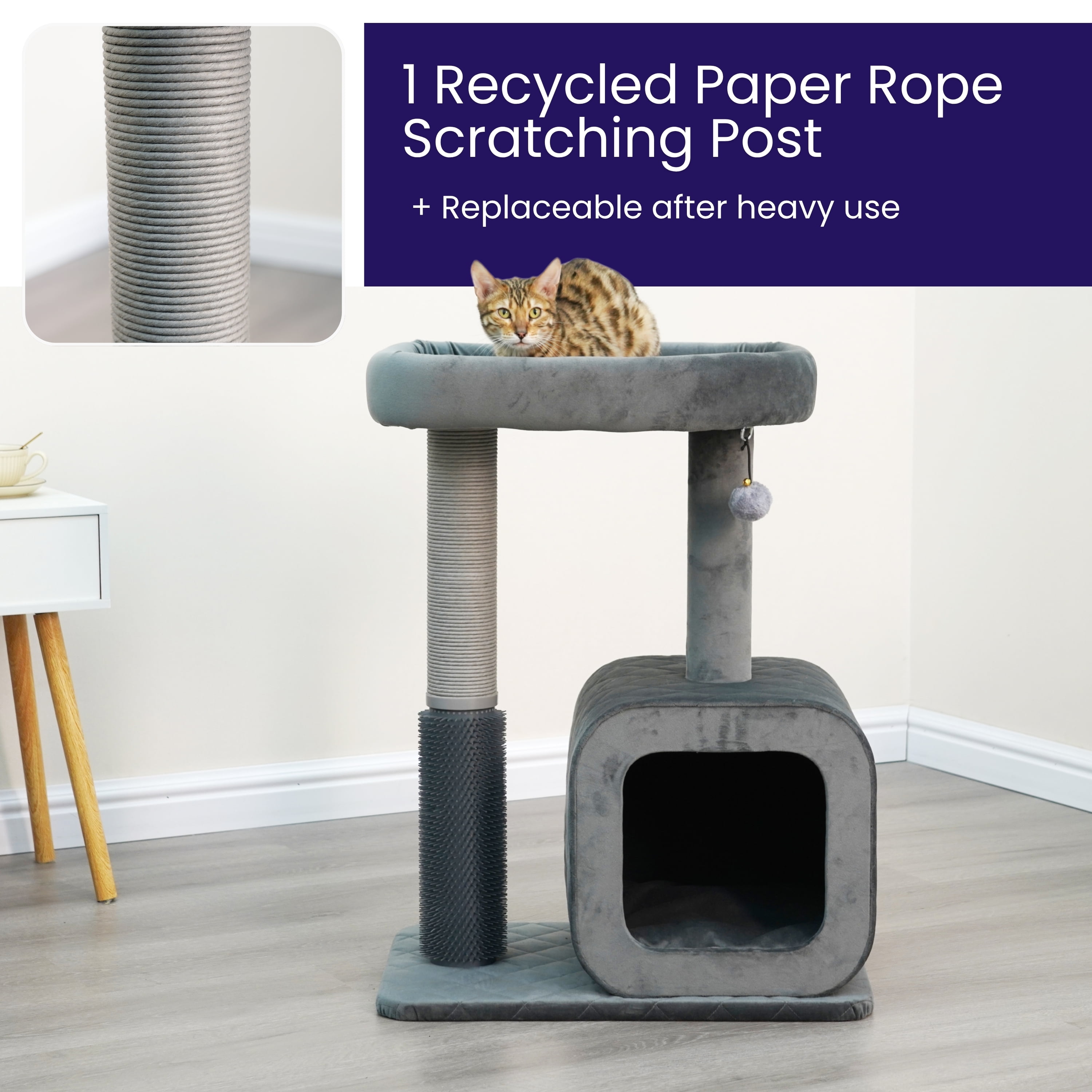 Catry Modern Medium Cat Tree with Large Base Condo, Top Bed, Scratching Post, Self Grooming Brush