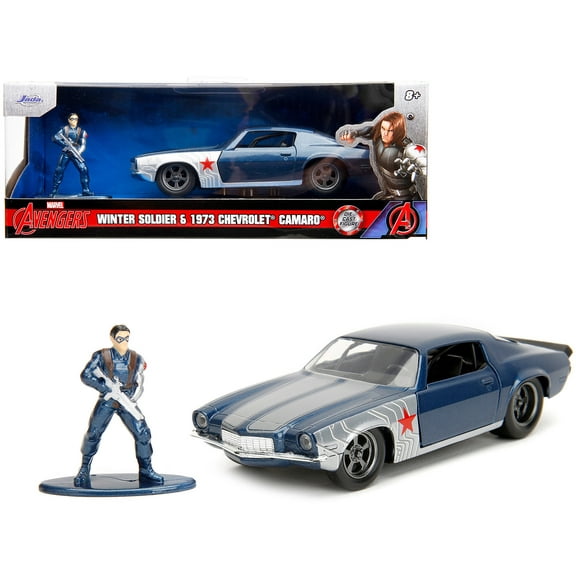 1973 Chevrolet Camaro Dark Blue Metallic with Gray Stripes and Winter Soldier Diecast Figure "Marvel Avengers" "Hollywood Rides" Series 1/32 Diecast Model Car by Jada
