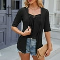 thumbnail image 6 of Women's Solid Color Square Patchwork Button Mid Sleeve T Shirt Mod Bod Tops Womens V Neck Women Tee Casual Women Summer Compression Shirts Women Long Sleeve T Shirt for Women Casual Summer Tops Women, 6 of 7