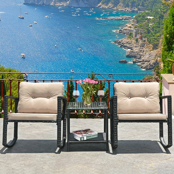 Patiojoy Ensemble de 3 Pcs pour Patio en Rotin Osier Chaise Longue Table Mobilier d'Extérieur en Rotin