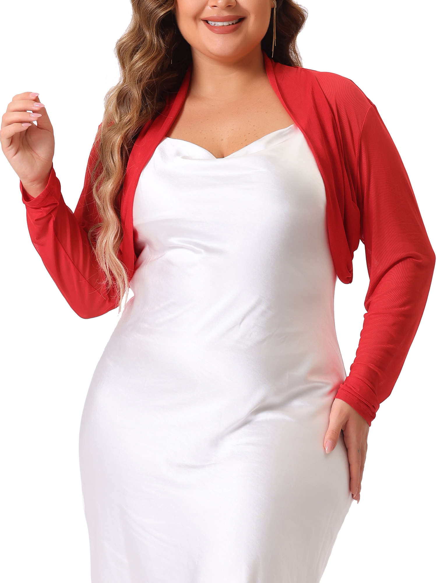 DARING DIVA Women's Plus Size Mesh Crop Long Sleeve Sheer Bolero Shrug Top 3X Red