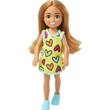 Barbie Chelsea Doll, Small Doll Wearing Removable Heart-Print Dress with Brunette Hair & Brown Eyes