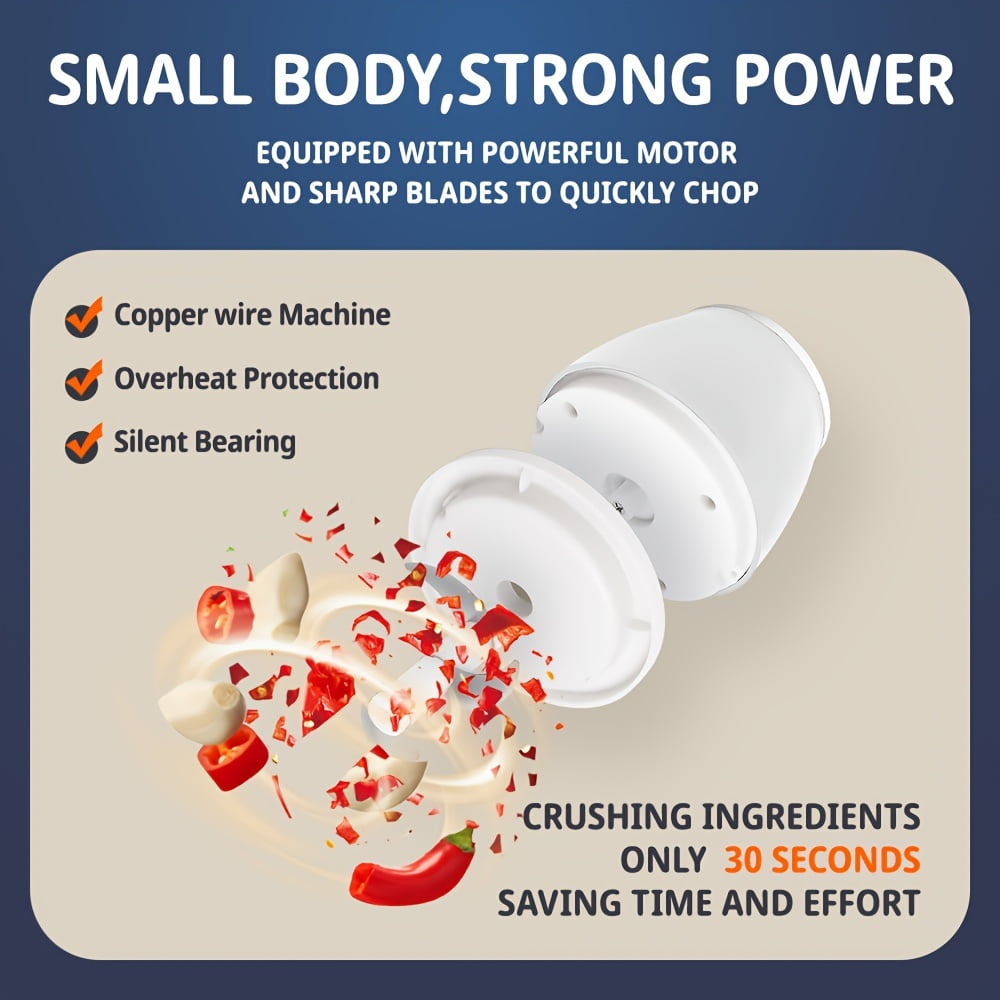 Powerful 304 Stainless Steel Portable Electric Food Chopper & Processor - 11.83oz Mini USB Wireless Handheld Garlic Slicer For Vegetables & Meat