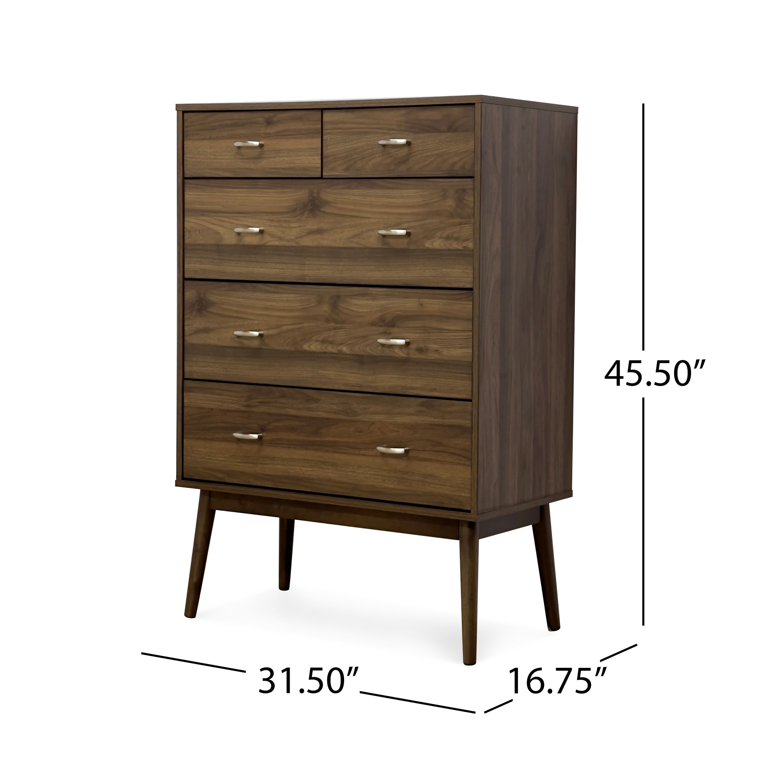 Noble House Starla Wooden 3 Piece 5 Drawer Dresser and Nightstand Bedroom Set, Columbia Walnut