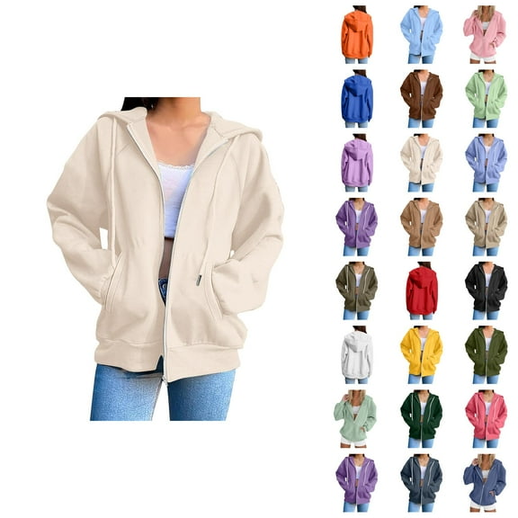 Zip Up Hooded Jacket for Women 2025 Long Sleeve Casual Plain Sweatshirt Hoodie with Pockets Coat Outerwear