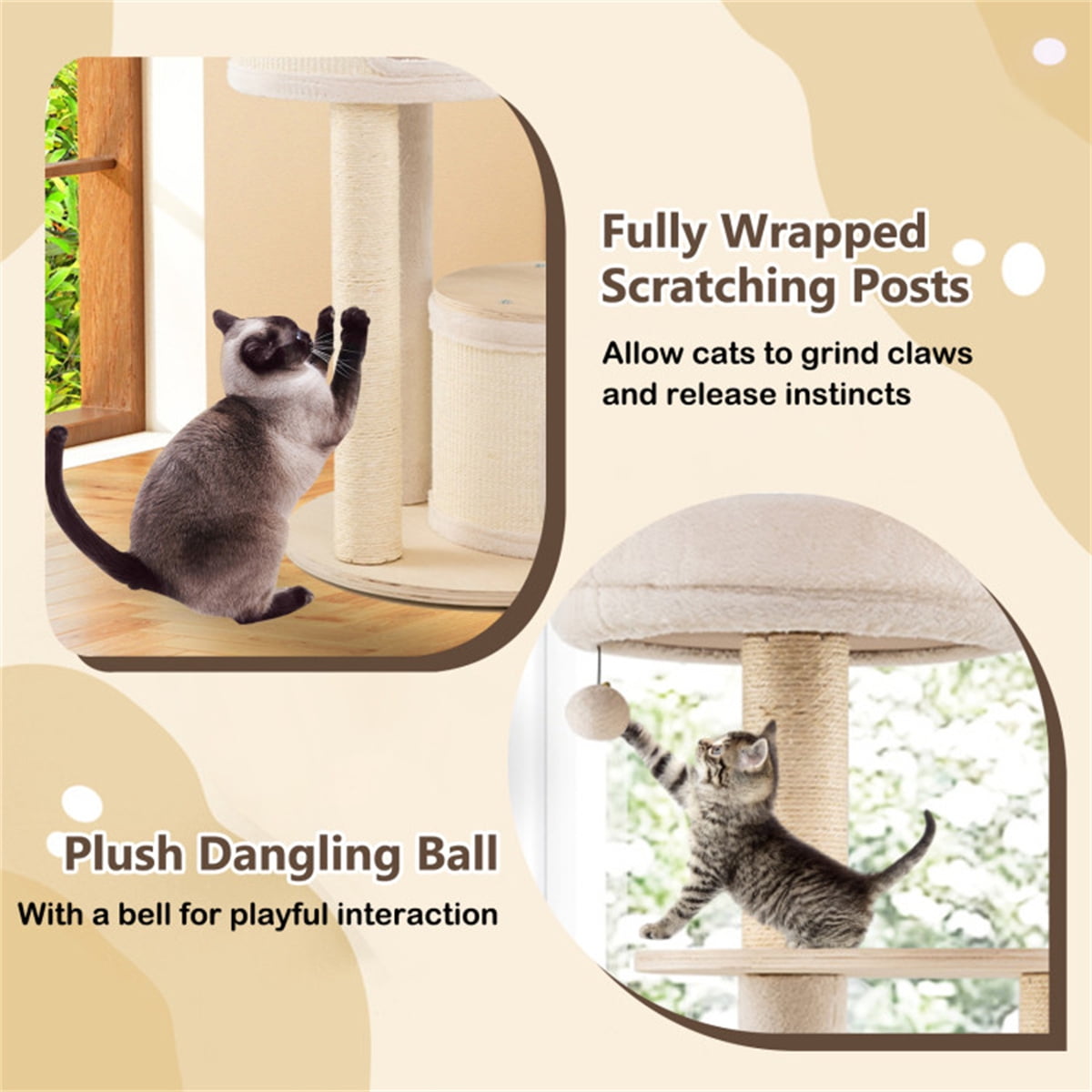 ZephyPaws 60in Tall Cat Tree for Indoor Cats,Wooden Cat Tree Tower with 2 Condo, Sisal Scratching Posts and Board,Top Perch and Basket,Beige