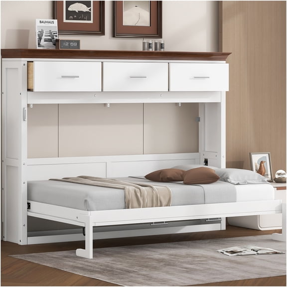 JERFIT White Twin Murphy Bed with 3 Storage Drawers, Space Saving Wall Bed Cabinet, No Box Spring Needed