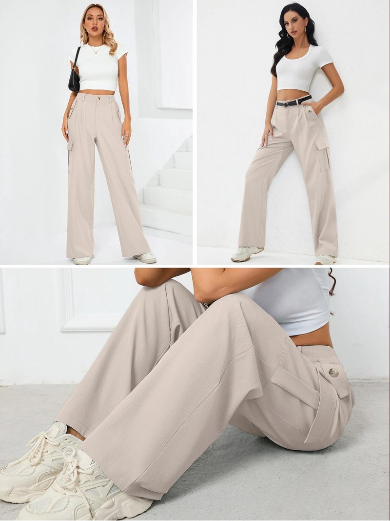 Chiclily High Waist Stretch Cargo Pants Apricot 2XL Women Casual