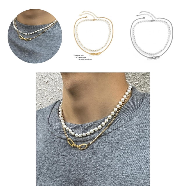 Men Necklace Decorative All-match Double-Layered Geometric Imitation Pearl Choker Necklace for Daily Wear