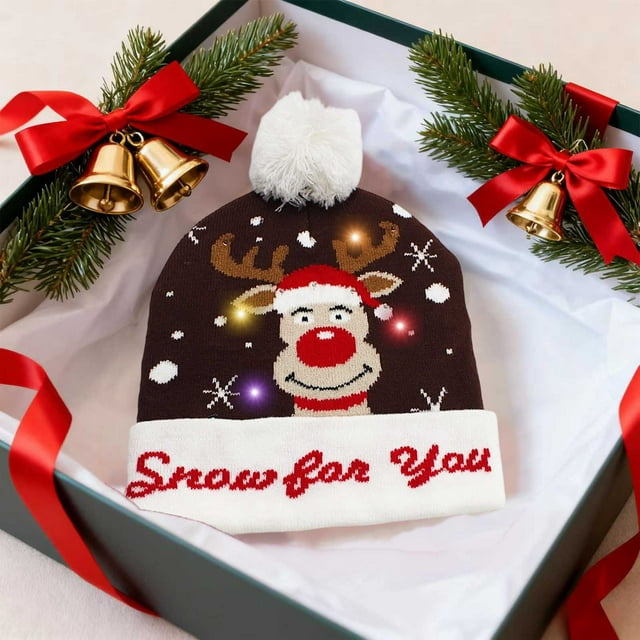 Chmadoxn Christmas Decorations, Winter Fashion LED Christmas Hat Santa Claus Hairball Hat Pattern Knitted Hat Warm Ear Protection Woolen Hat Essentiales For Christmas Decorations Acrylic holiday hat