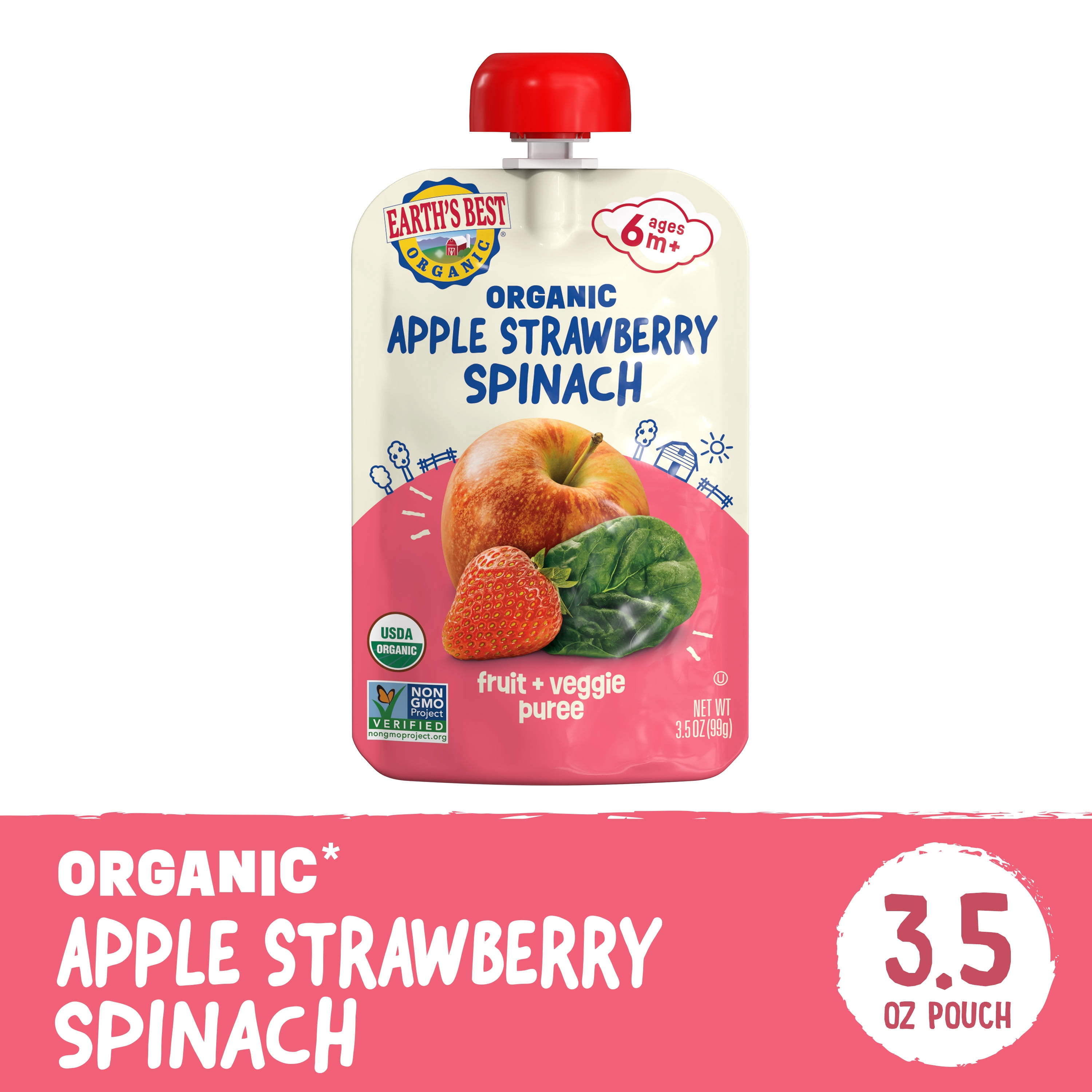 (2 pack) Earth's Best Organic Stage 2 Baby Food, Apple Strawberry Spinach Fruit & Veggie Puree, 3.5 oz Pouch