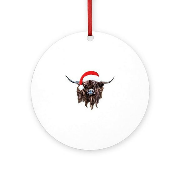 CafePress - Highland Cow Santa Hat Xmas - Round Wood Ornament 4"