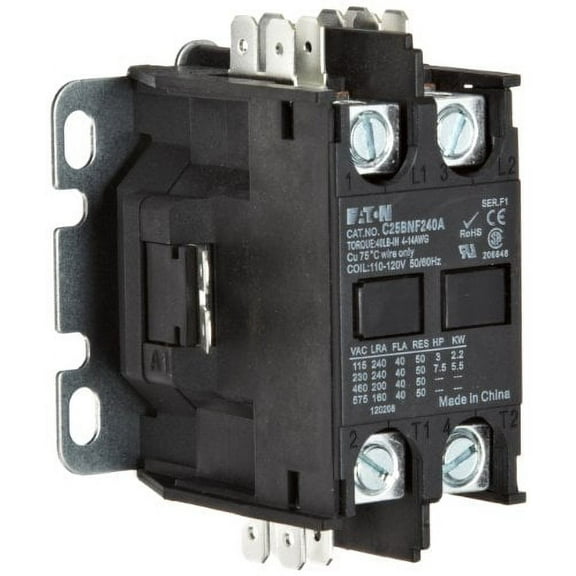 Eaton C25BNF240A Compact Definite Purpose Contactor, 40A Inductive Current Rating, 3 Max HP Rating at 115V, 7.5 Max HP Rating at 230V, 120VAC Coil Voltage