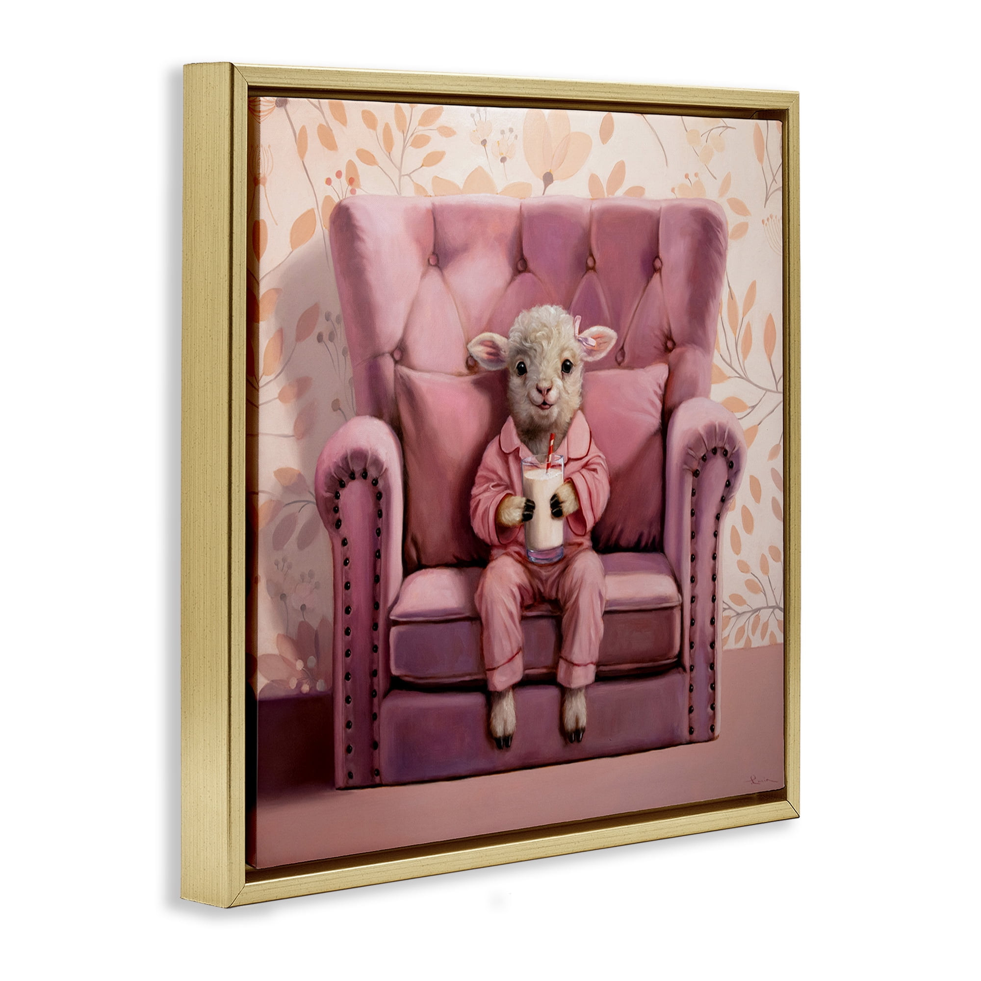 Stupell Industries Baby Cow in Pink Chair Animals & Insects Painting Gold Floater Framed Canvas Art Print Wall Art, 25 x 25