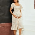 thumbnail image 4 of XASZHN Robe Femme Florale à Encolure Carrée Robes Midi Robe de Maternité Enceinte Décontractée Robe Trapèze Longue Fluide à Smocks Beige TG, 4 of 5