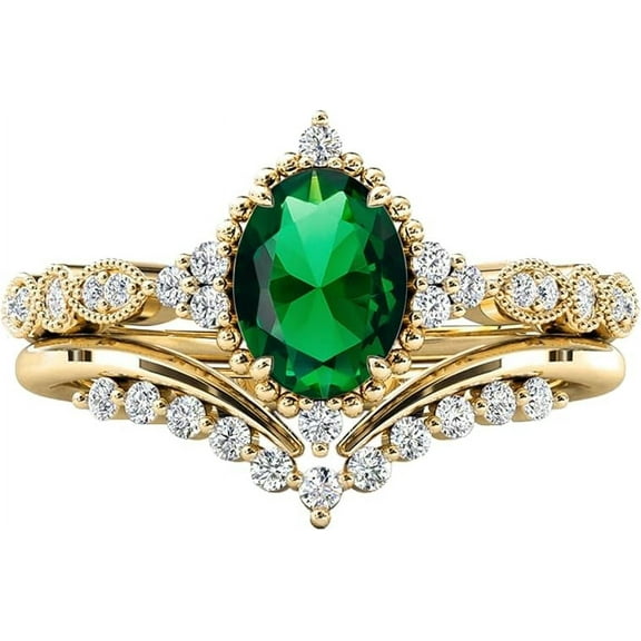 Rag Jewels 925 Sterling Silver 2.00 Ct Oval Cut Emerald & White Diamond Wedding Valentine's Anniversary Christmas Bridal Ring Set 14K Yellow Gold Plated For Women's -7