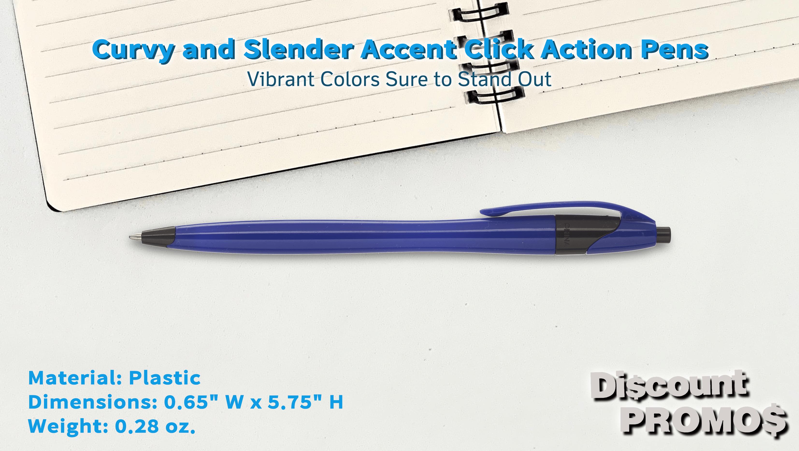 10 Accent Click Action Pens Pack - Plastic, Curvy, Vibrant, Black Ink - Reflex Blue