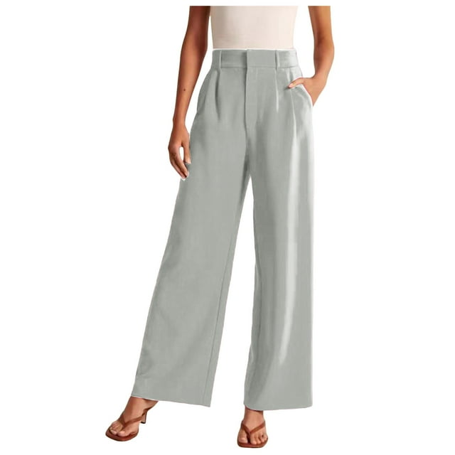 Women's Business Casual High Waist Wide Leg Trousers - Flowy Fabric, Button Closure, Functional Pockets, S-XXL
