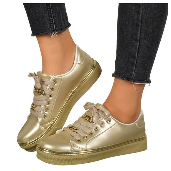Womens Platform Low Top Fashion Sneakers Casual Metallic Gold Lace up Flats Leather Walking Tennis Shoes