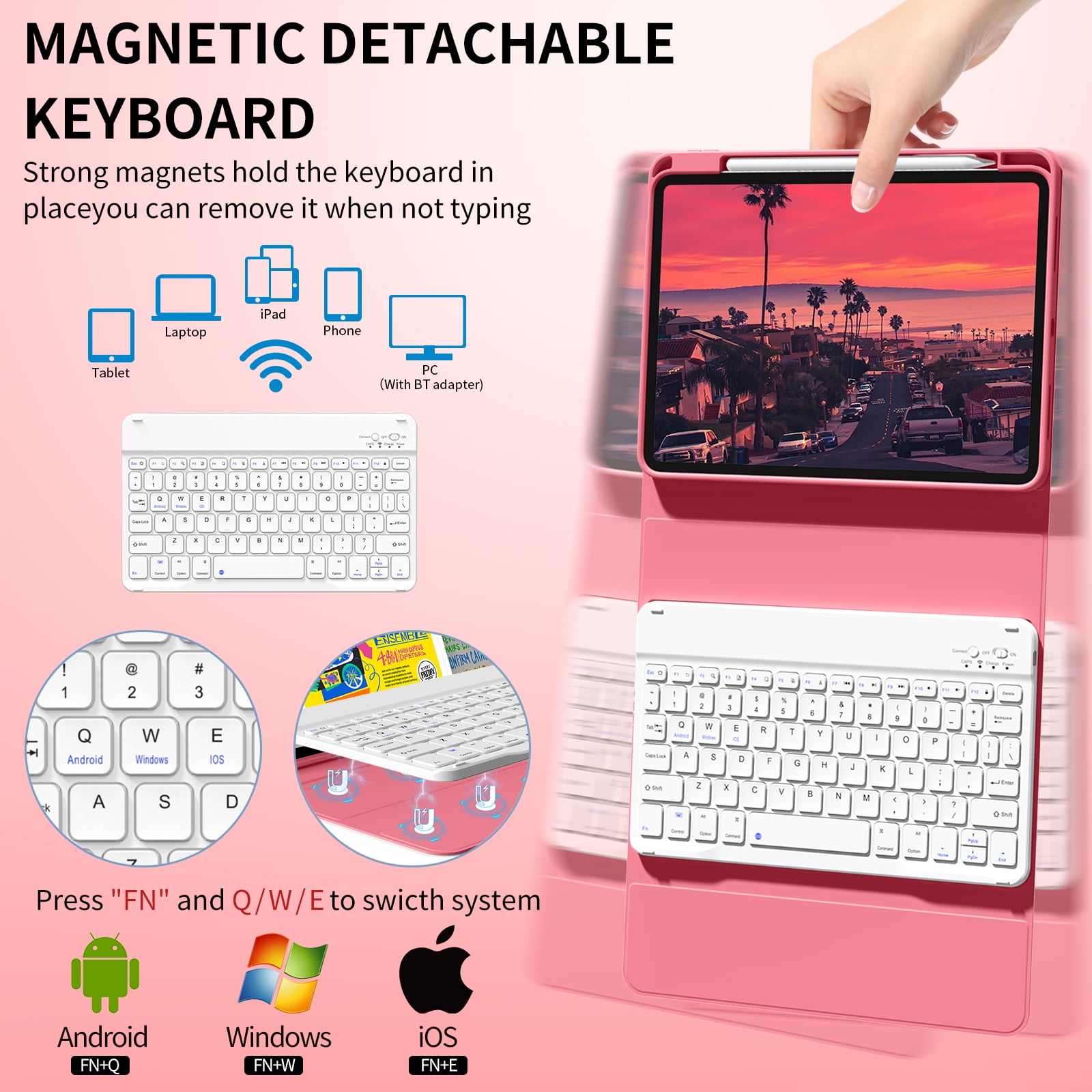 Kenke Case for iPad (A16) 11th Generation 11 inch 2025 with Keyboard,iPad 10th Generation 10.9 inch 2022 Detachable Bluetooth Keyboard Rechargeable,with Pencil Holder,Soft TPU Back Cover,Pink Red