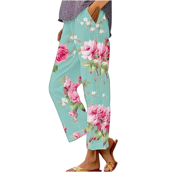 yunLCZ Wide Leg Pants Woman Women Vintage Floral Print Cotton And Linen Pants 9/10 Pants