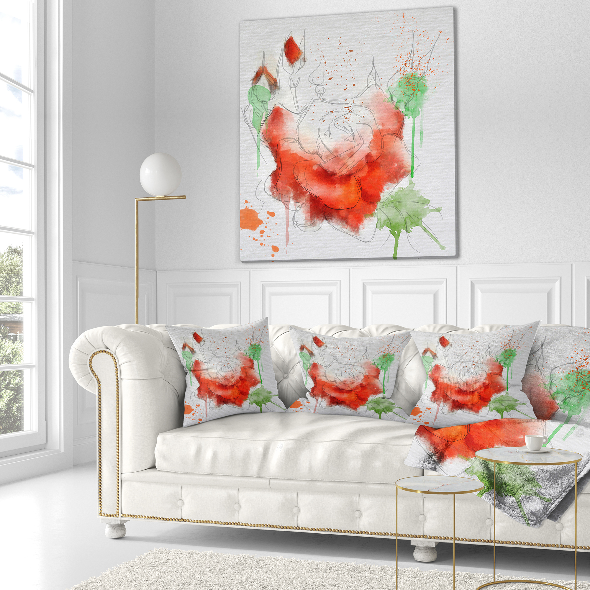 Designart Red Rose Illustration Watercolor - Floral Throw Pillow - 18x18