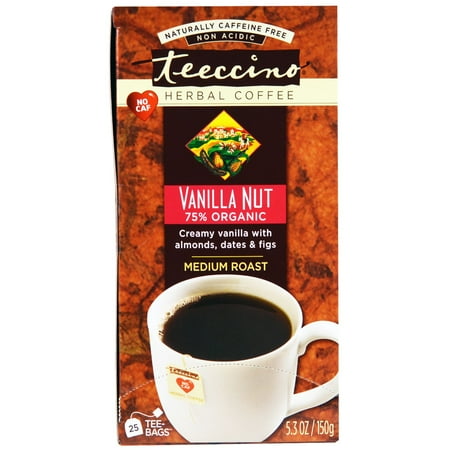 - Teeccino, Herbal Coffee, Medium Roast, Vanilla Nut, No Caffeine, 25 Tee-Bags, 5.3 oz (150 g)