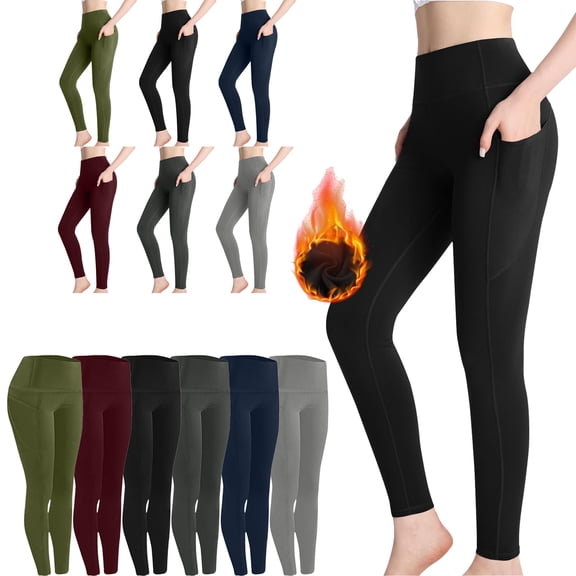 SYwaren Women's Fleece Lined Leggings with Pockets Solid Color Workout Yoga Thermal Warm Athletic Pants