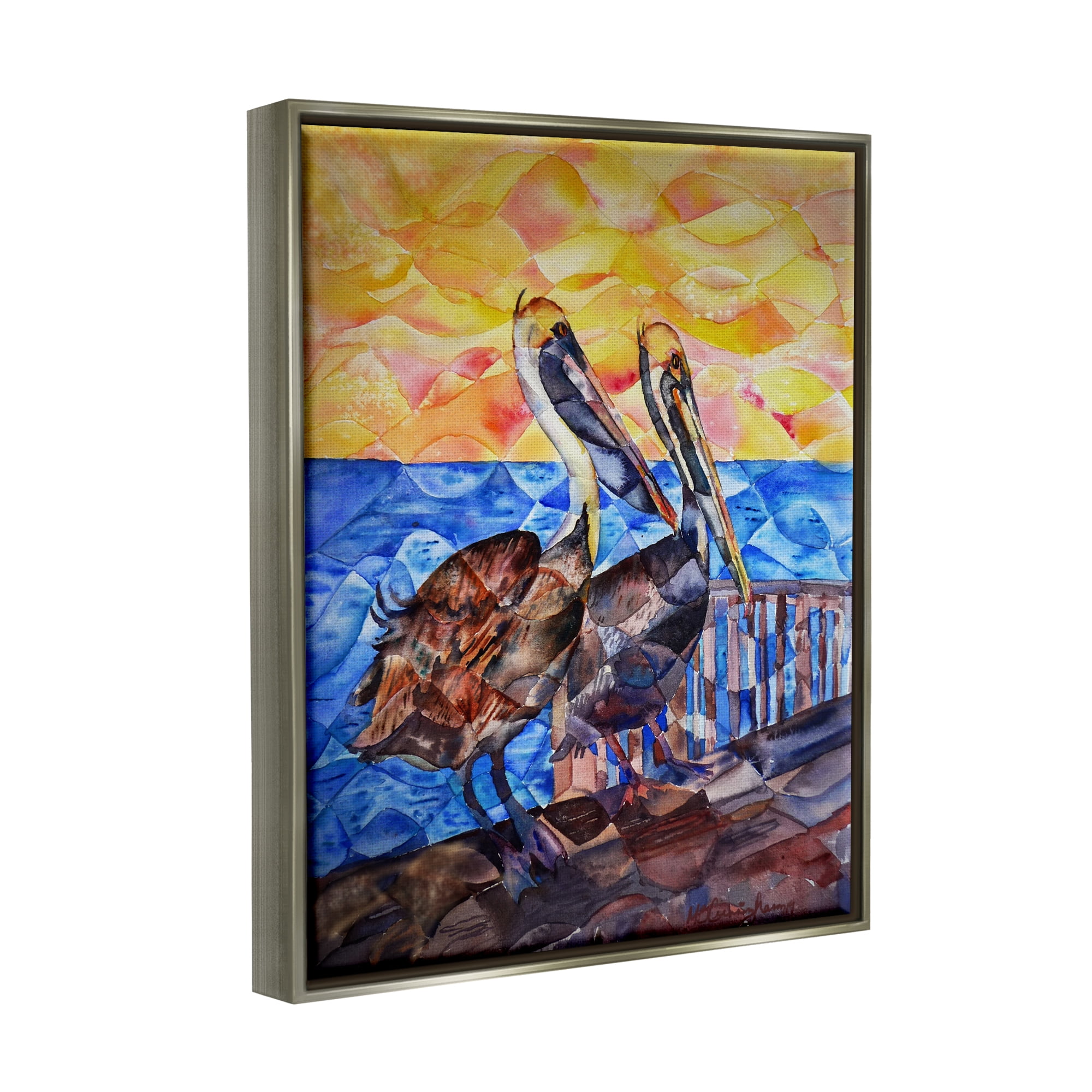 Stupell Industries Pelicans on Dock Painting Animals & Insects Painting Gray Floater Framed Art Print Wall Art, 17 x 21