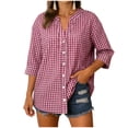 thumbnail image 4 of felwors Cotton 3/4 Sleeve Button Down Shirts for Women Gingham Plaid Striped Tops V Neck Casual Loose Blouse (Wine, S), 4 of 7