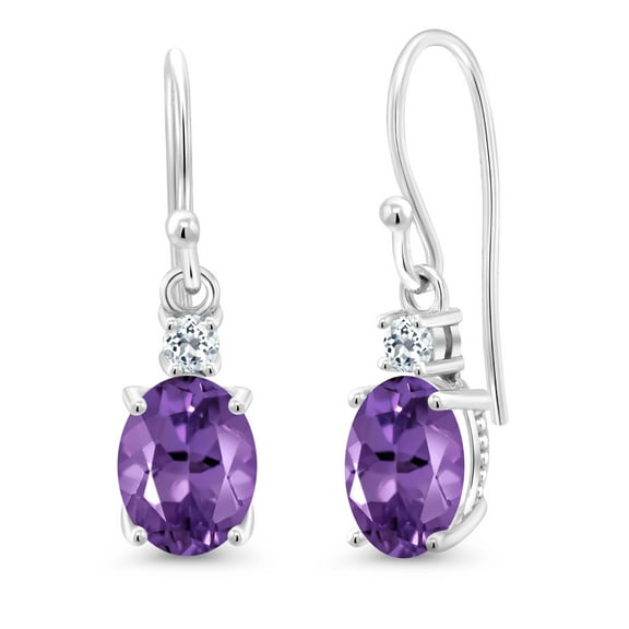 Gem Stone King 10K White Gold Purple Amethyst and White Topaz Dangle Earrings for Women (2.16 Cttw, Gemstone Birthstone, Oval 8x6mm)