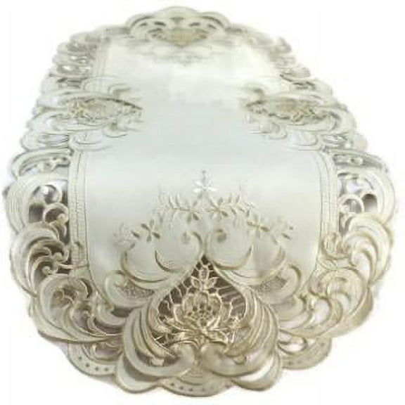 Doily Boutique Table Runner with Ivory Lace Insets on Ivory Fabric, Size 44 x 15 inches