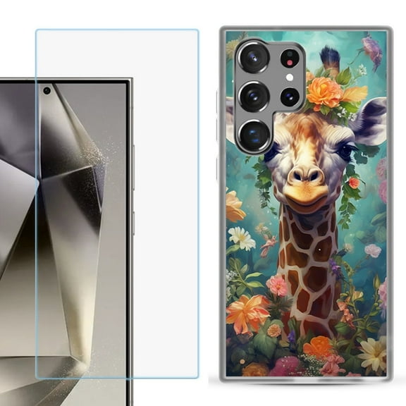 For Samsung Galaxy S25 Ultra 5G Phone Case Cover with Tempered Glass Screen Protector, by OneToughShield - Giraffe Flower