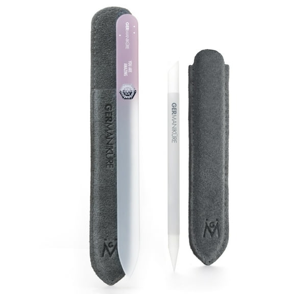 GERMANIKURE Crystal Glass Cuticle Stick & YOU ARE AMAZING Nail File Set in Suede Leather Case – Handmade in Czech Republic – Professional Manicure Supplies – Cuticle Pusher, Callous Remover