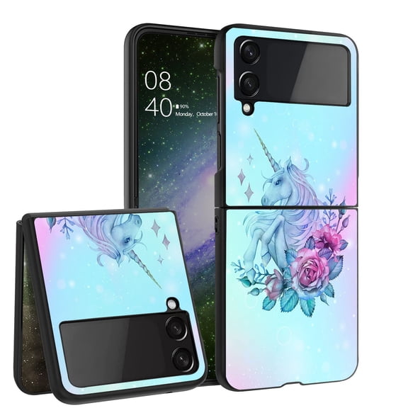 ANJ  Hard Protective Printed Case Cover Compatible with Samsung Galaxy Z Flip 4 - Blue Rose Unicorn