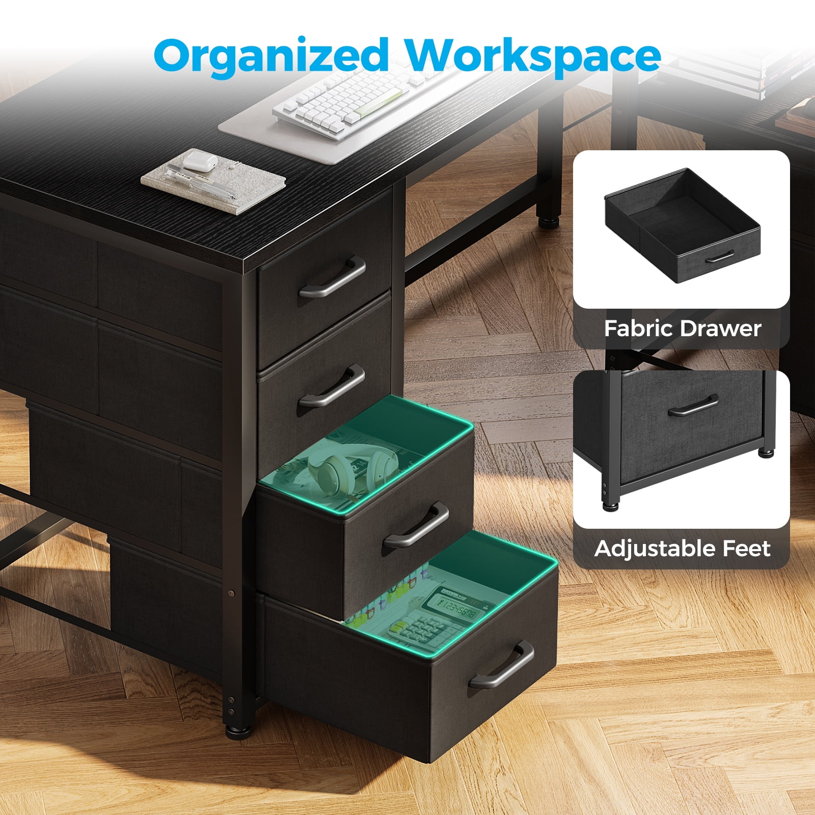 Casacomoda 55 inch Computer Desk with 5 Drawers and File Cabinet for Storage, Office Desk with Storage Shelf & Power Outlets, Home Office Desks,  Black
