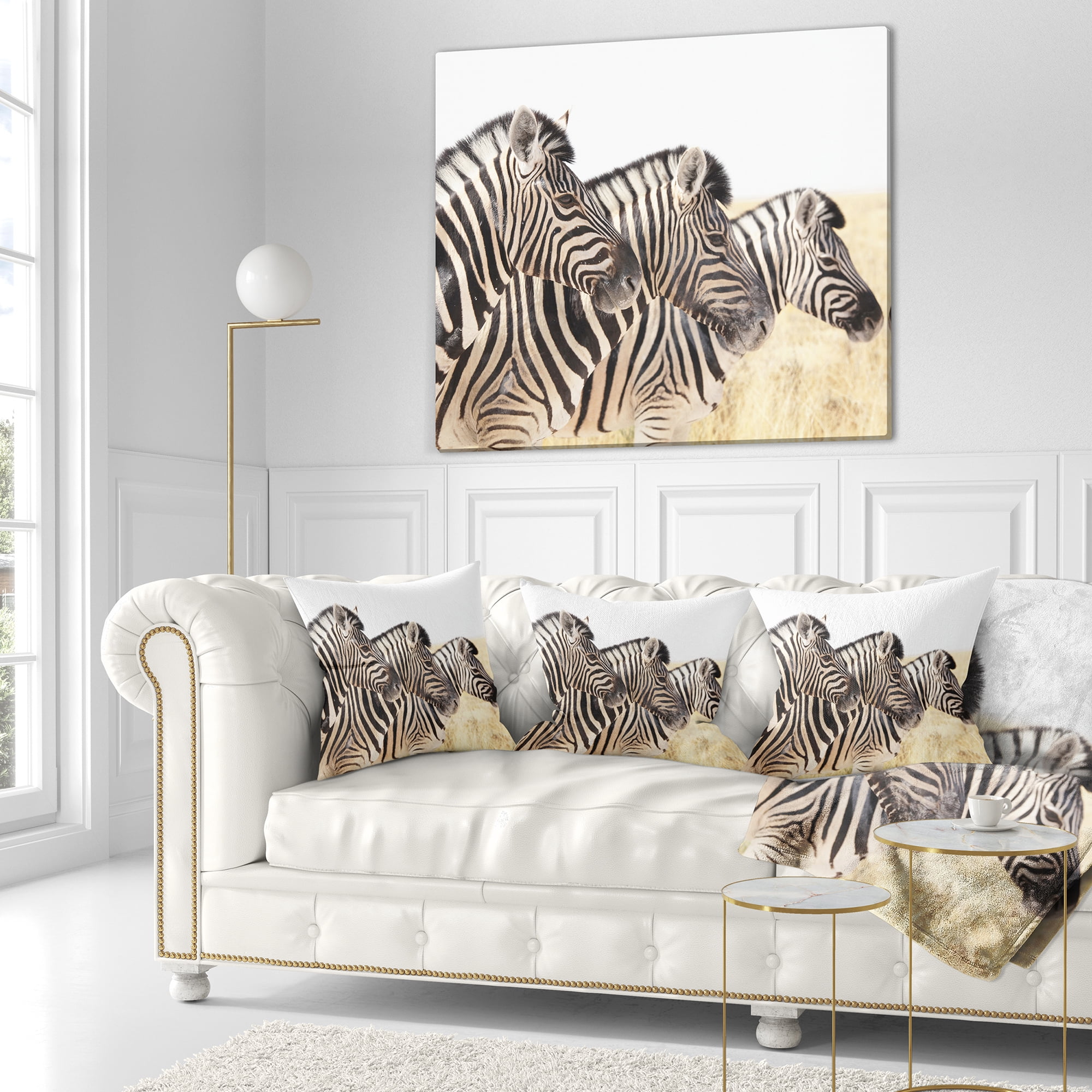Designart Zebras in A Row in Grassland - African Wall Throw Pillow - 16x16